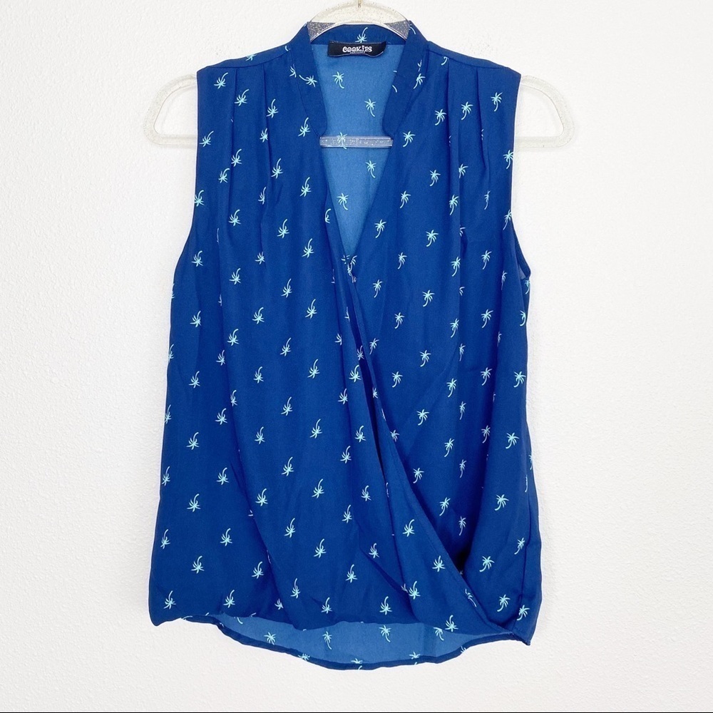 Cookies Hawaii Blue Palm Tree Wrap Sleeveless Blouse Tank Top Womens Medium